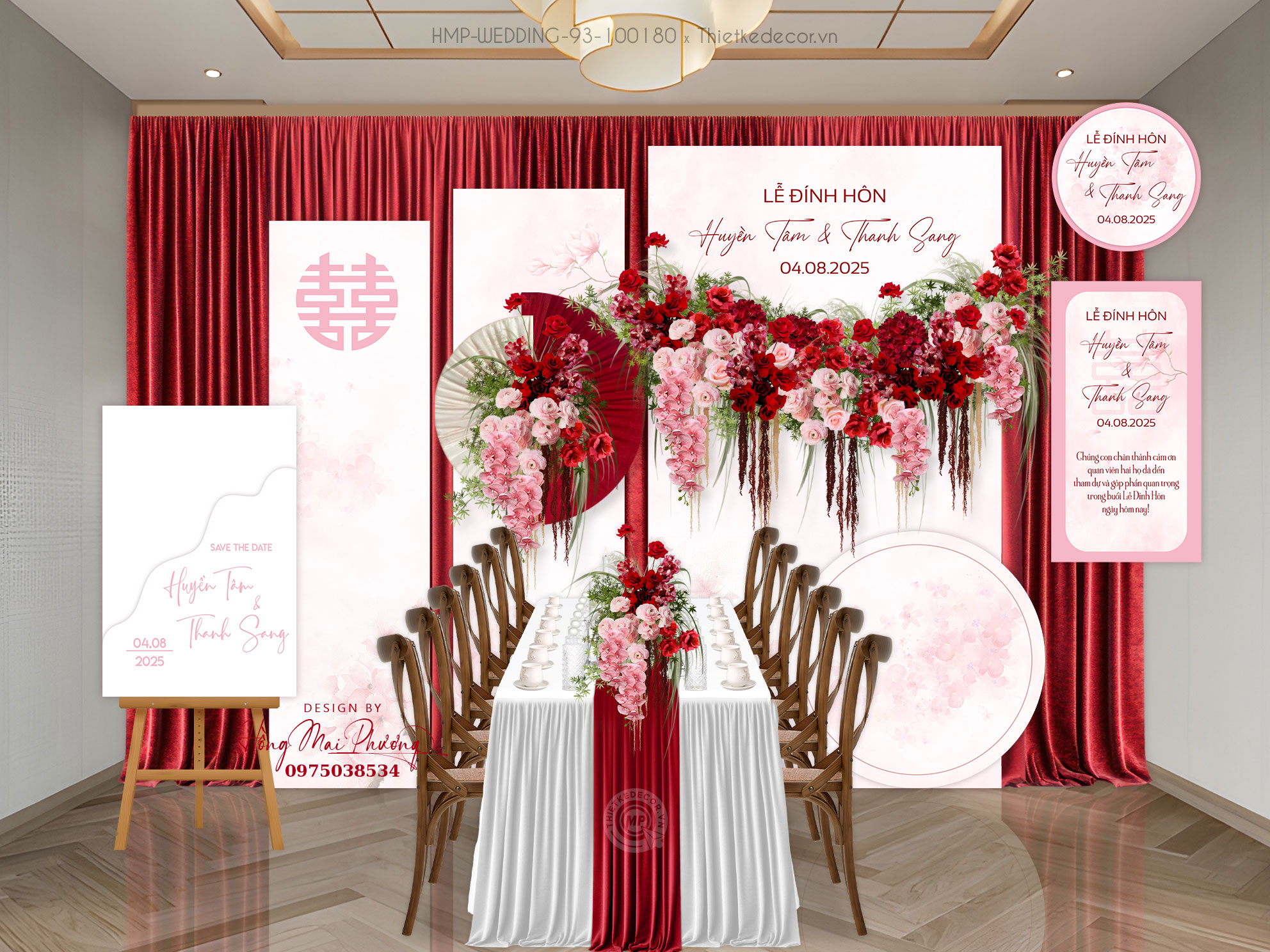 Gia tiên tone hồng - đỏ nhiều mảnh, hoa văn nhẹ nhàng. Kèm tem nước, tag bàn và bảng Welcome